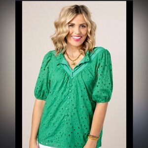 PRETTYGARDEN Women's Cotton Green Eyelet Blouse Puff Sleeves & Ruffled Neck 2XL